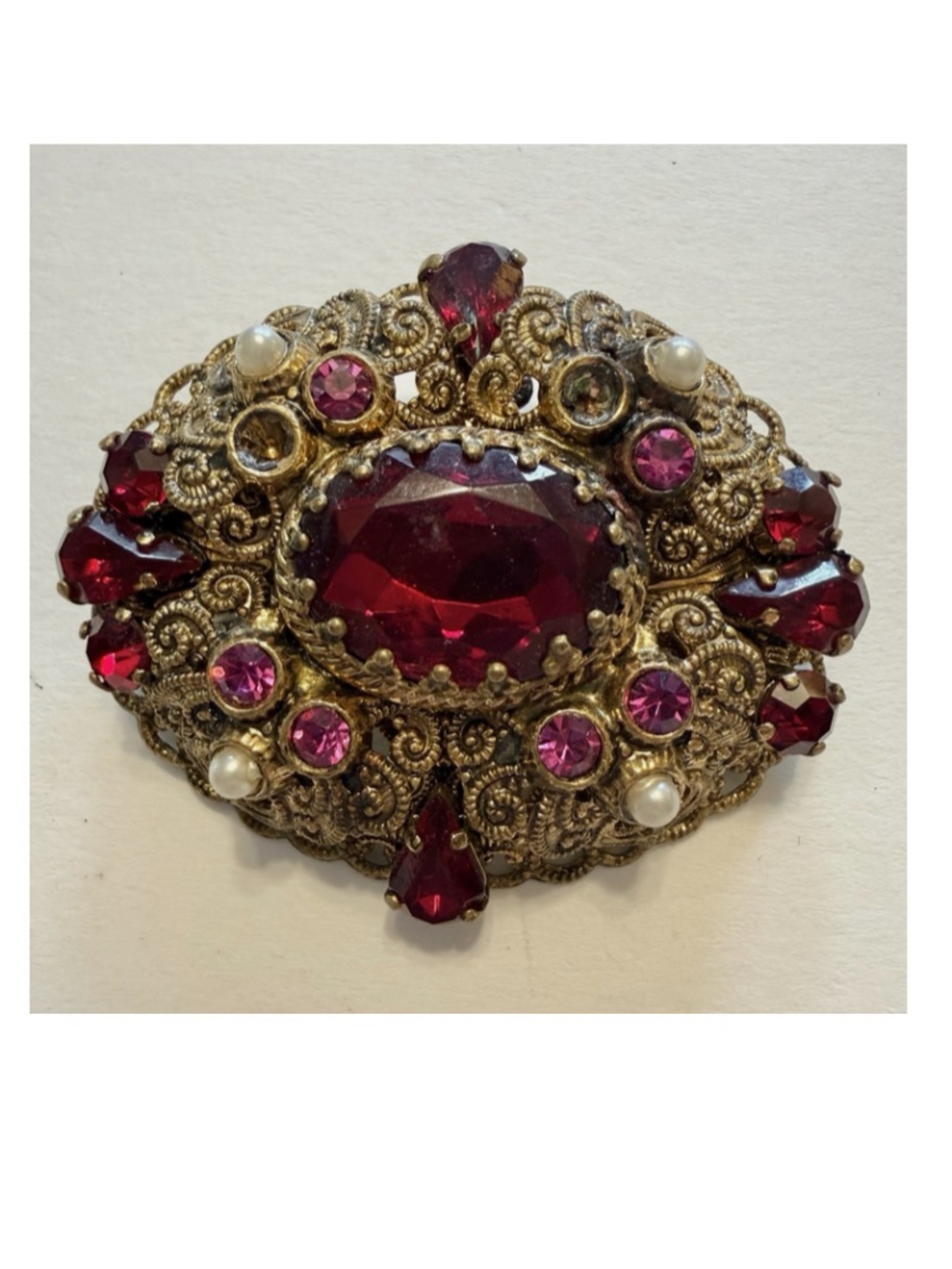 W Germany Brooch Pin Filigree Style Red Stone, Pearl, Gold Tone, Missing 2 Stone